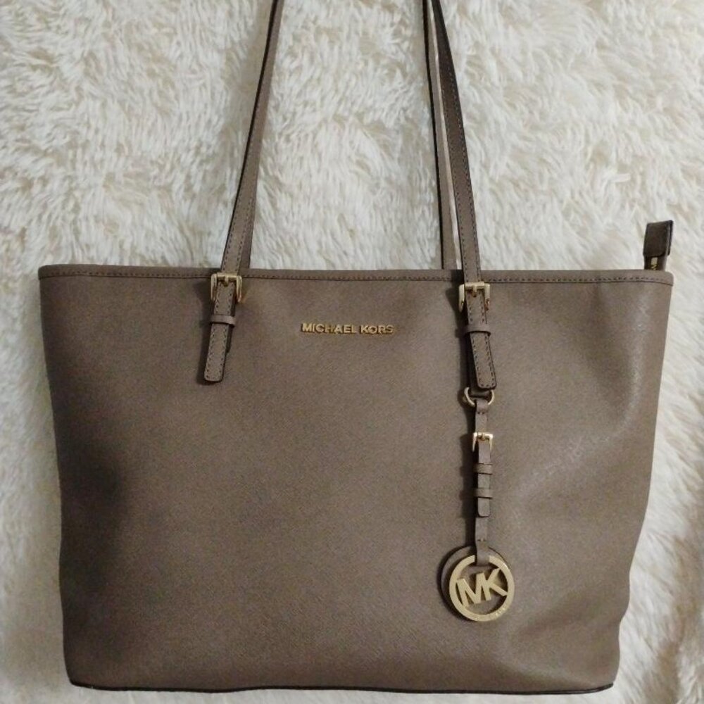 Michael Kors Taupe Brown Saffiano Leather Tote with Gold Hardware